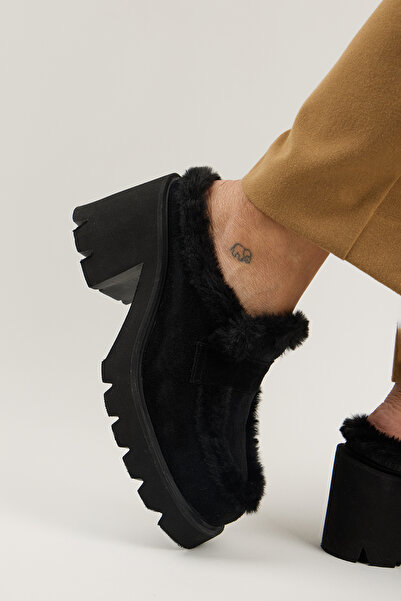 Manijero Hanni Women's Genuine Leather Sabo Sheepskin Black Slippers