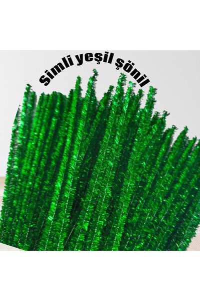 Mutkin Yeşil Simli Renk Şönil 🌷 Tel, El İşi, DIY, Hobi ve Çiçek Yapım Teli, , 1 Paket 100 Adet, - 30 Cm ✅