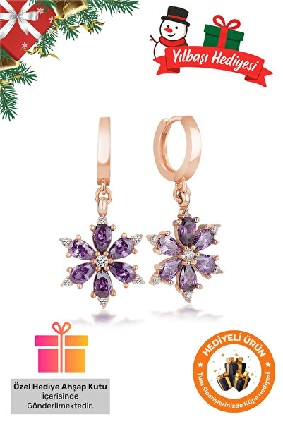 Lucente Jewellery 925 Ayar Hediye Kutulu Mor Lotus Küpe Rose Gümüş Kaplama Yılbaşı Ametist Taşlı Lotus Çiçeği Küpe
