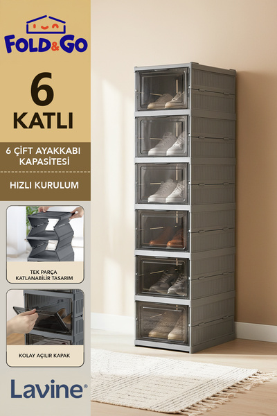 obido Lavine Çok Amaçlı 6 Katlı Organizer Ayakkabılık Katlanabilir Taşınabilir Portatif "Antrasit"