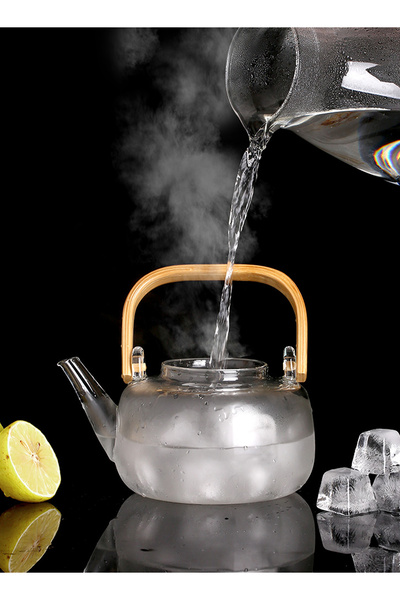 ELEGANT HOME غلاية شاي وقهوة زجاجية بمقبض خشبي سعة 1.2 لتر