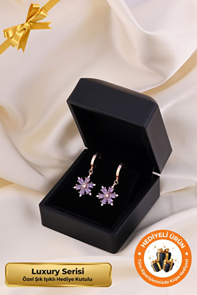 Lucente Jewellery Işıklı Hediye Kutulu Mor Lotus 925 Ayar Rose Gümüş Kaplama Yılbaşı Hediyesi Lotus Çiçeği Kadın Küpe