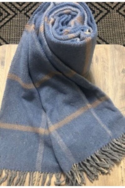 ByEnBi بطانية صوف مخططة لون أزرق مقاس قياسي صوف نقي 145x200 سم