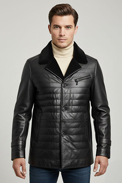 Deriderim أسود داخل أسود فروي جيب غير المبطنة زر إغلاق سليم صالح جاسبر الرجال معطف الفرو الحقيقي