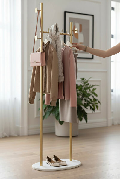TOLIAHOME Metal İskeletli Ayaklı Askılık Elbise Askısı Portmanto Konfeksiyon Elbise Askılığı (Beyaz-Gold)