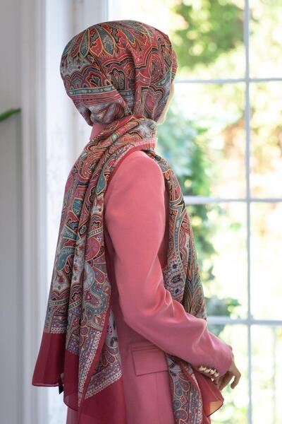 Vissona 100% Silk Ethnic Patterned Burgundy Colored 92X210 Shawl