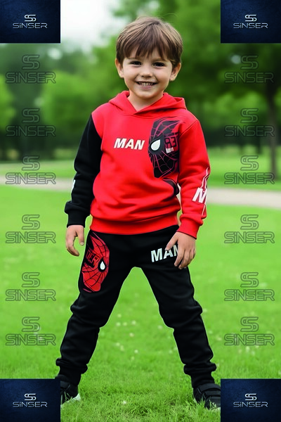 SS SİNSER Children's Unisex Printed Tracksuit Set with Patterned Brownish-Red...