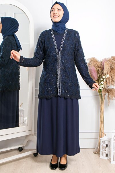 DENİMİNİ Taş Işleme Büyük Beden Tesettür Abiye Lacivert DNM2309