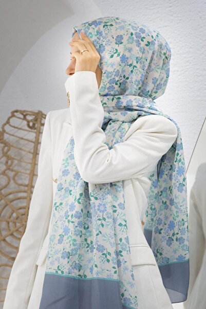 Vissona 100% mătase, crocantă, cu model de flori, culoare indigo, șal 92x210