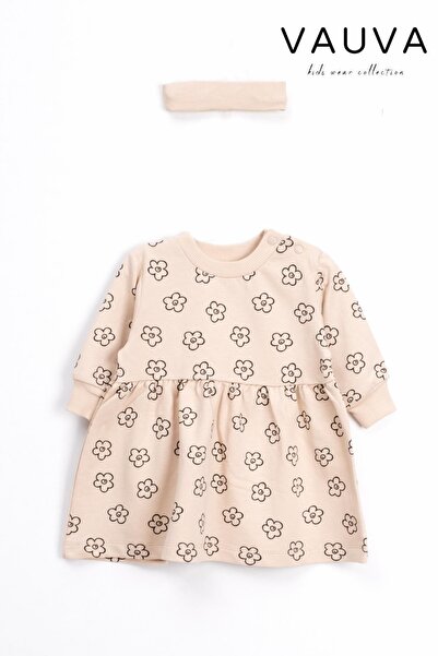 Vauva Kız Bebek Çocuk Elbise Mevsimlik Uzun Kollu Baskılı Tokalı Elbise