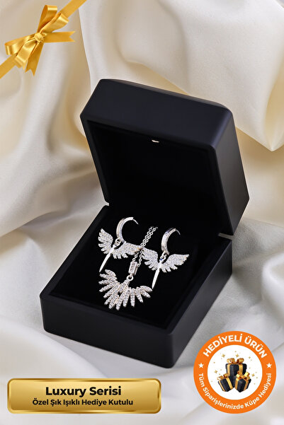 Lucente Jewellery Hediye Kutulu Kolye & Küpe Seti 925 Ayar Gümüş Kaplama Yılbaşı Anka Kuşu Kolye ve Melek Küpe Takım