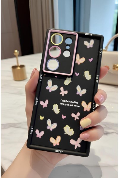 TechTrove Samsung Galaxy S25 Ultra İçin Siyah Zemin Kelebekli ve Renkli Lens ...