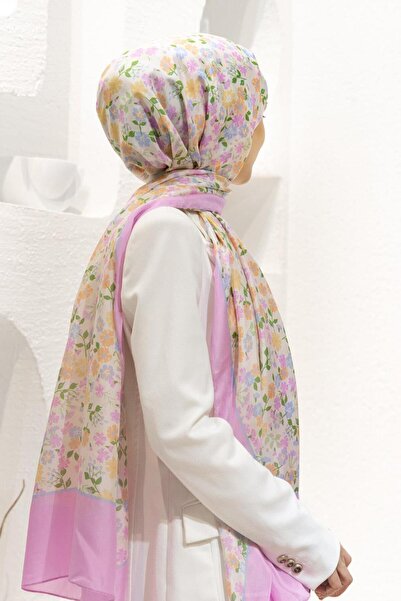 Vissona 100% Silk Crispy Flower Patterned Pink Colored 92X210 Shawl