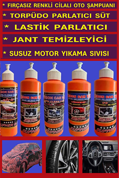 FIRÇASIZ CİLALI ŞAMPUANI+TORPİDO SÜTÜ+LASTİK PARLATICI+JANT TEMİZLEYİCİ+SUSUZ MOTOR YIKAMA (5 liSET)