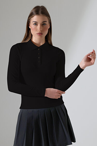 Şiir سترة وبلوزة وبلوزة نسائية من Kovin ذات قصة نحيفة وملمس ناعم وياقة بولو وأزرار وأكمام طويلة - أسود