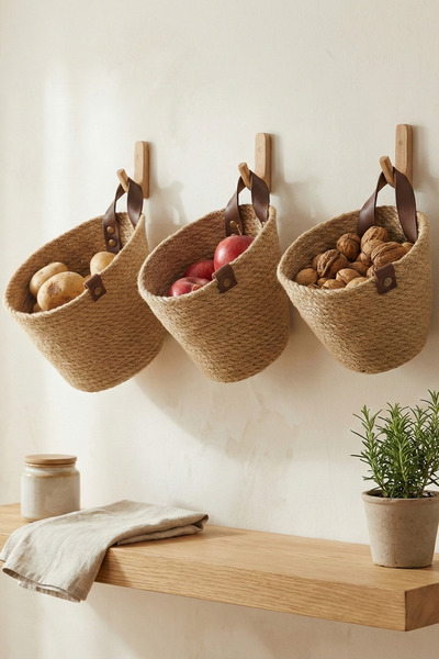 MKY مجموعة من 3 سلات من الجوت والخوص - منظم مطبخ معلق على الحائط