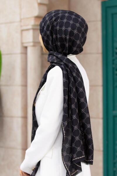 Vissona 100% mătase, model cu logo V, culoare negru - bej, șal de 90x210