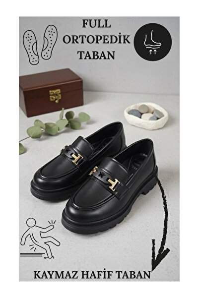 Slipcat Kadın Kalın Taban Ortopedik Comfort Taban Deri Görünümlü Loafer – Siyah