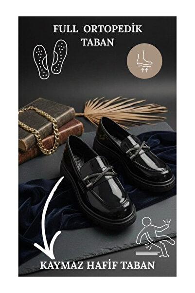 Slipcat Kadın Kalın Taban Ortopedik Comfort Taban Deri Görünümlü Loafer – Siyah