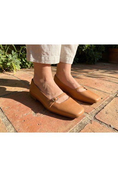 SALDA Genuine Leather Women's Tan Mary Jane Ballet Flats - Handmade Daily Comfortable Shoes