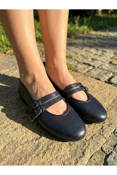 SALDA Genuine Leather Women's Black Mary Jane Ballet Flats - Handmade Casual Comfortable Shoes
