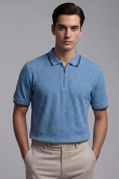 Sabri Özel FERMUARLI POLO YAKA ERKEK T-SHIRT Turkuaz
