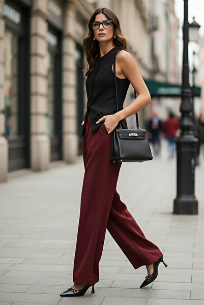 Lela بنطلون أرجل واسعة ذو خصر عالٍ وأرجل واسعة مع تفاصيل مكدسة 6522016