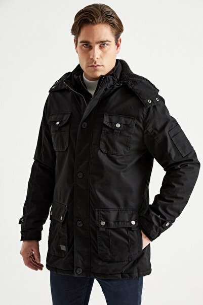 DYNAMO Palton negru cu glugă pentru bărbați, căptușită cu blană, impermeabilă, groasă