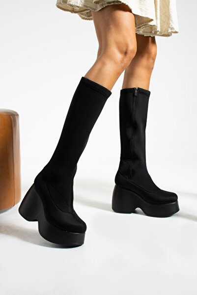 Gökçe Shoes Raudi Siyah Yüksek Dolgu Dalgiç Kumaş Kadin Çizme