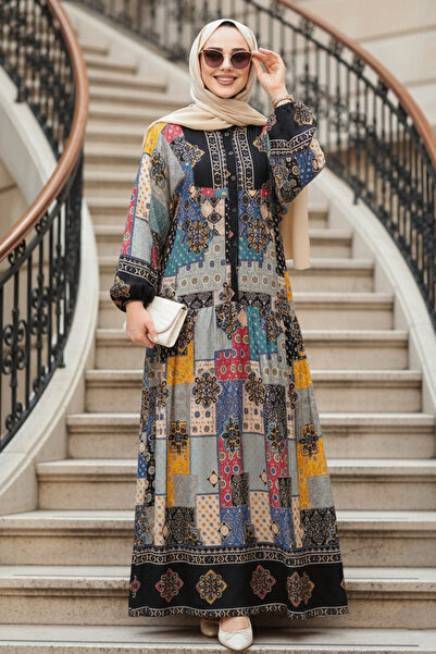 N.S NEVA STYLE فستان حجاب أسود منقوش 18249S