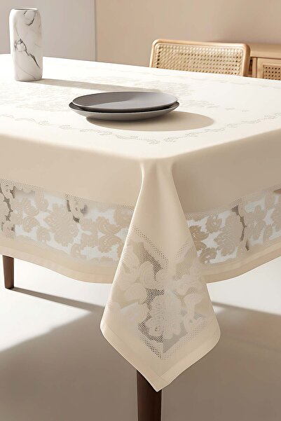 Rivaİstanbul Jumbo Jakar Krem Sıvı İtici Leke Tutmaz Masa Örtüsü 160x220 cm