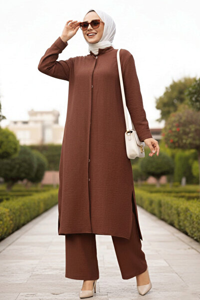 N.S NEVA STYLE Set triplu de haine hijab maro cu nasturi 76591KH