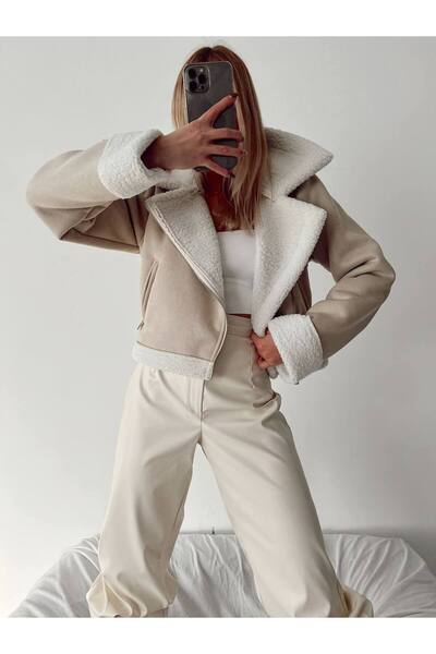 Çuvalmoda معطف جلد قصير من الفرو الكلاسيكي من جلد الغزال ومعطف واقٍ من المطر