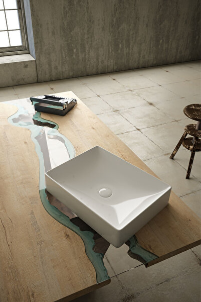 LUCCO Square 50 Cm Tezgah Üstü Dikdörtgen Lavabo Beyaz