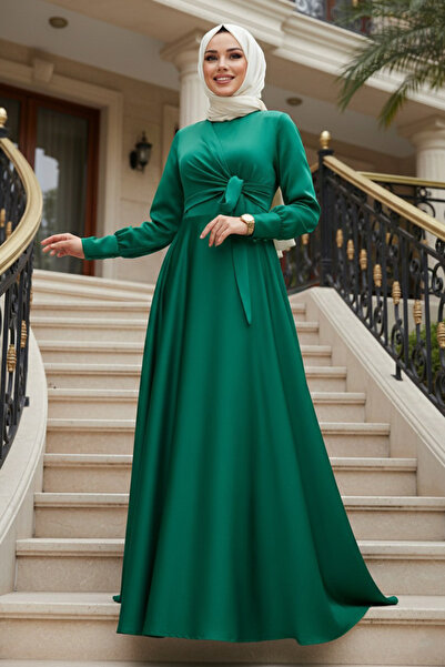 Neva Style Βραδινό φόρεμα με σατέν πράσινο χιτζάμπ 1420Y