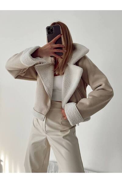 Çuvalmoda Vintage Fur Short Crop Leather Coat Suede Coat Jacket Trench Coat