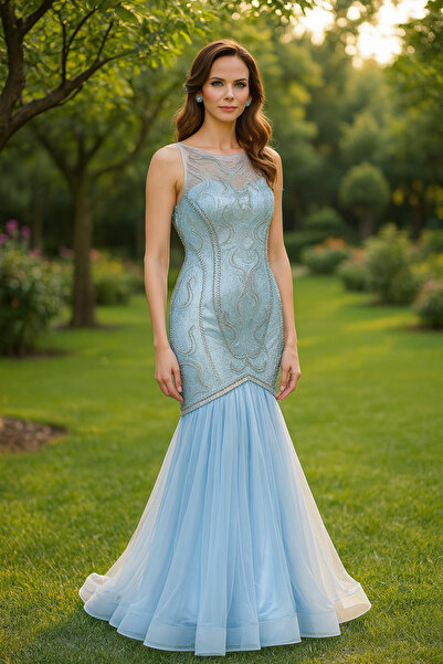 Neva Style Сукня з атласу блакитного кольору з вишивкою бісером 43680BM