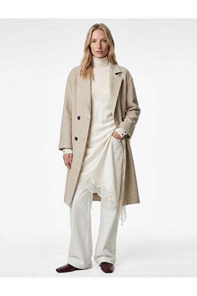 Koton Double-Breasted Long Sleeve Cashmere Coat with Belt Detail and Buttons