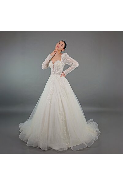 Bianco Vita Dantelli Karpuz Kollu, Kalp Yakalı, İşlemeli, Transparan Etkili A Kesim Kabarık Gelinlik