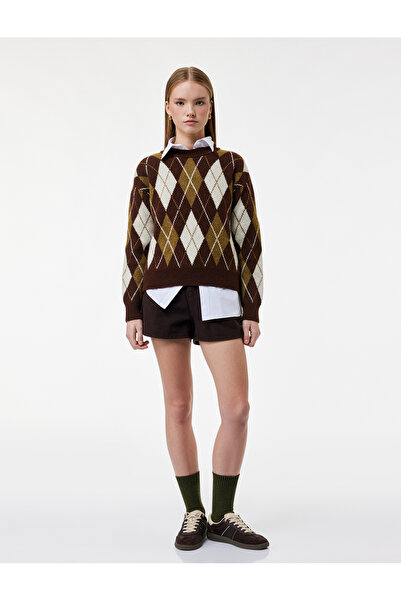 Koton Pulover de tricotaj cu mânecă lungă, cu decolteu rotund, cu model Argyle