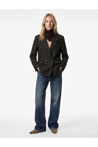 Koton X Melis Ağazat - Uzun Kollu Kruvaze Cepli Ekose Oversize Blazer Ceket