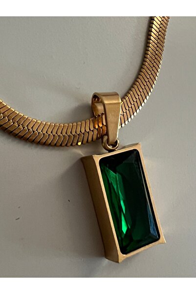 tones official قلادة من الفولاذ 316L مقاومة للصدأ مع حجر أخضر طويل