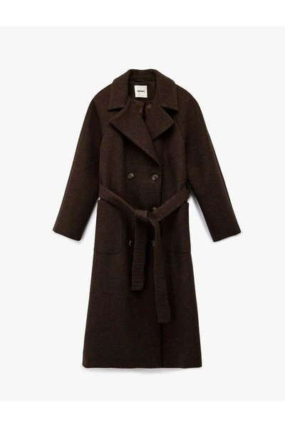 Koton Kadın Giyim Uzun Kollu Cepli Kemerli Düğmeli Uzun Kaşe Kaban 6WAK00192EW Kahverengi