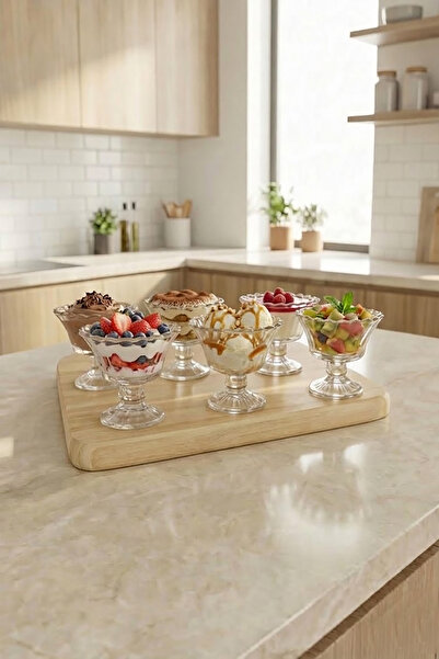 EVONİTA Ayaklı Cam Tatlı Kasesi 6’lı Set Şeffaf Cam Dondurma Çerez Sunum Kasesi