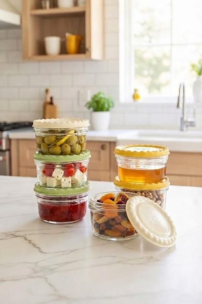 EVONİTA 6'lı Cam Saklama Kabı Seti 415 cc Kapaklı Yuvarlak Kase Gıda Kahvaltı Kuruyemiş Kabı