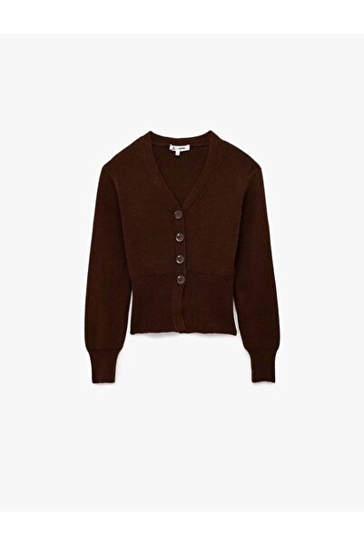 Koton Kadın Giyim Düğmeli V Yaka Uzun Kollu Triko Hırka Kahverengi