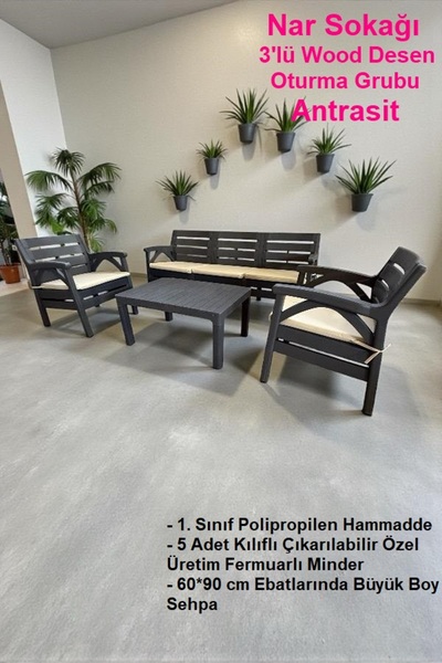 nar sokağı Wood Desen Oturma Grubu 5 Kişilik Bahçe ve Balkon Seti