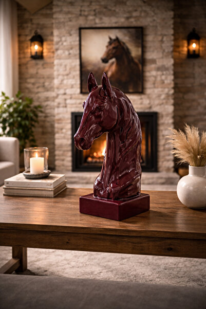 İMOKA DİZAYN Asaletin Simgesi Şarabi Parlak Seramik At Başı Dekoratif Biblo