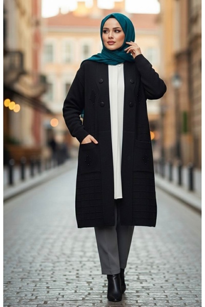 YusGos Women's Hijab Button Detailed Chest and Pocket Pearl Detailed Below Knee Double Pocket Mother Cardigan