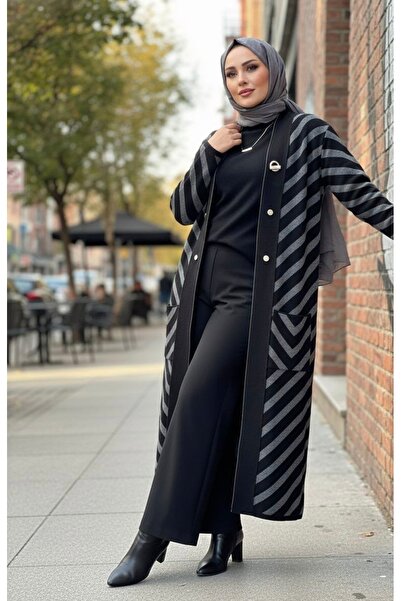 YusGos Women's Hijab Button Detailed Long Striped Cardigan Black Standard